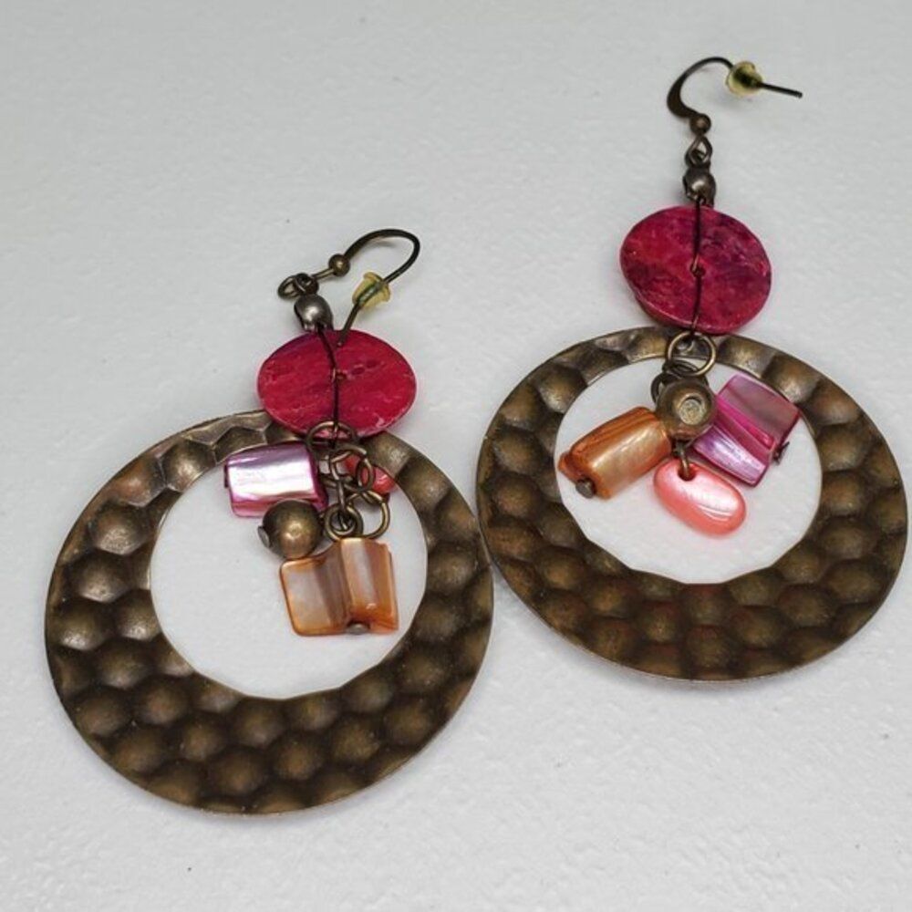 Textured Earrings Statement Orange Pink Gold Tone - Picture 5 of 6